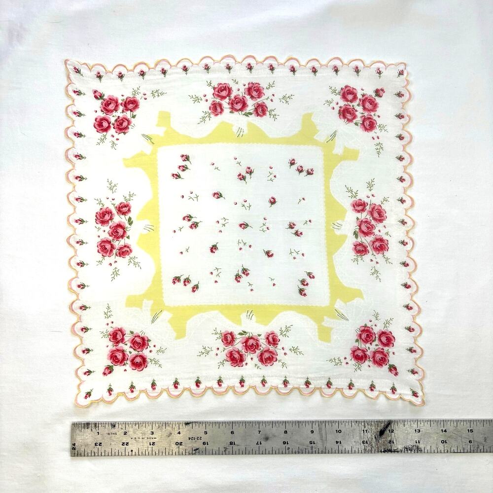 1950s Vintage White Cotton Floral Hanky Red Rose Yellow Daisy Scalloped Edge 13"